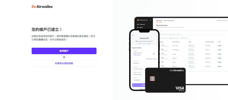 Airwallex 帳戶建立成功頁面。左側顯示標題「您的帳戶已建立！」以及說明文字，下方有兩個按鈕：「啟用帳戶」與「先帶我去控制面板」。右側配圖展示了 Airwallex 的多平台應用，包含手機 App 上的費用明細、電腦網頁版的銀行帳戶列表，以及一張黑色的 Visa 商務實體卡片。