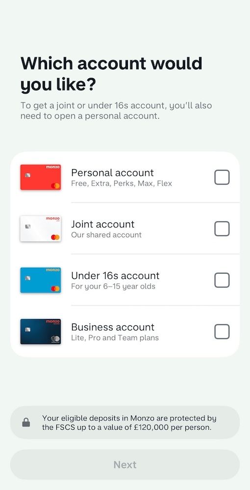 「您想要哪種帳戶？」(Which account would you like?) 的選擇選單。列表顯示四種選項：個人帳戶 (Personal account)、聯名帳戶 (Joint account)、16 歲以下帳戶 (Under 16s account) 以及商業帳戶 (Business account)。