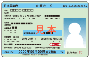 日本政府核發的「在留卡」樣本圖片。卡片呈現淺綠色，上方印有「日本國政府」與「在留卡」字樣，包含姓名、出生年月日、性別、住址、在留資格、在留期間及照片位置等欄位。卡片中央印有大型的紅色「見本（樣本）」浮水印。