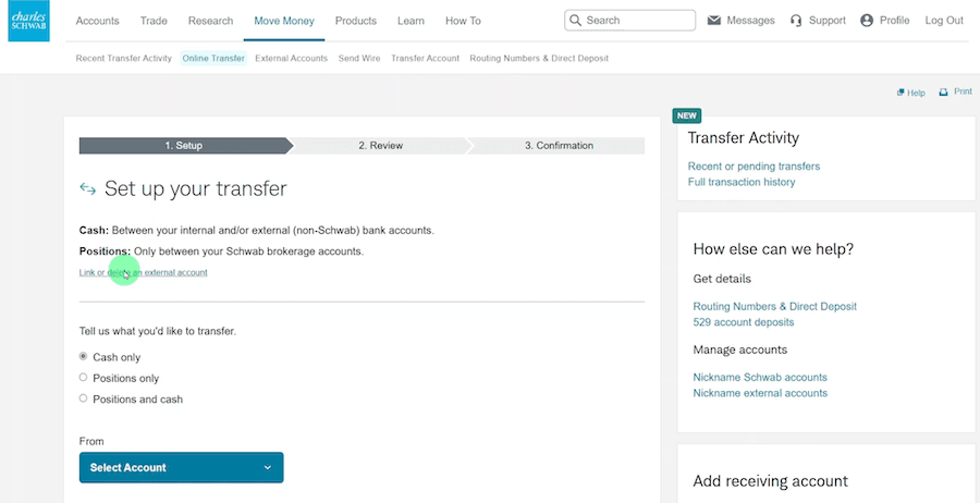 嘉信帳戶後台的「轉移資金」選項卡。顯示「設定您的轉帳」介面，已選取「僅限現金」，並提供「連結或刪除外部帳戶」的連結。