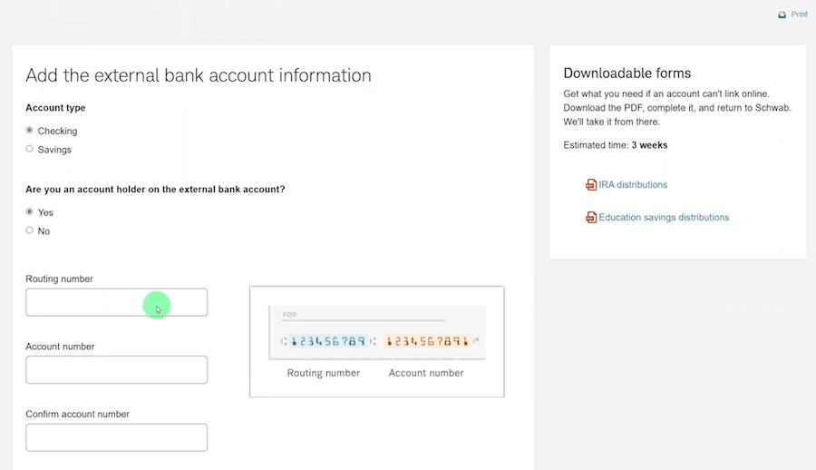 標題為「新增外部銀行帳戶資訊」的表單。包含選取帳戶類型（支票或儲蓄）、路徑號碼（Routing number）及帳號的輸入欄位，並附有支票範例圖示。