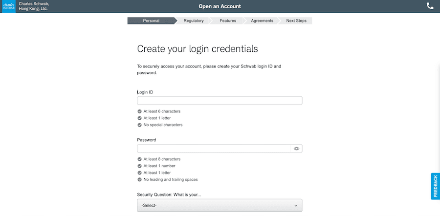 設定「登入憑據」頁面。設有使用者代號與密碼輸入框，下方列出安全性要求清單，如字元長度、必須包含字母或數字等。