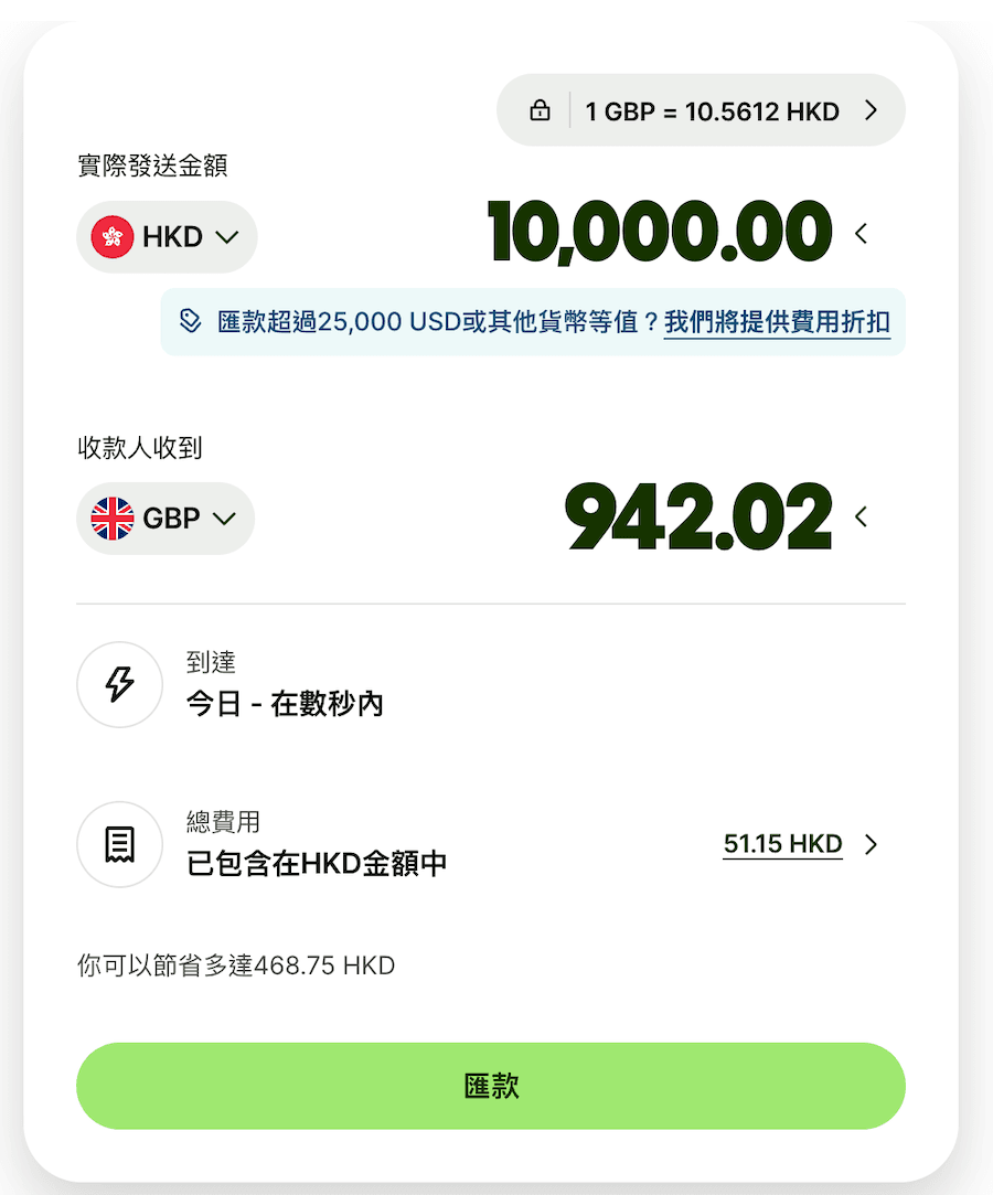 Wise 匯款計算機介面，顯示港幣 10,000 元兌換英鎊的實時匯率與手續費。