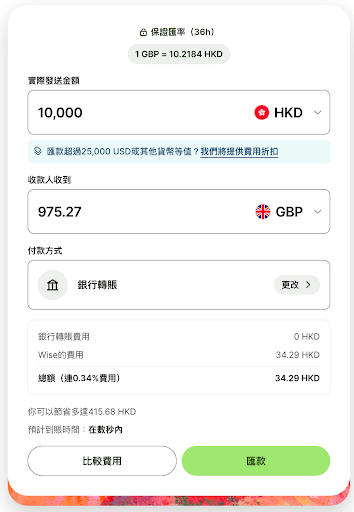 Wise transfer calculator interface showing a conversion from 10,000 HKD to GBP with fee breakdown.